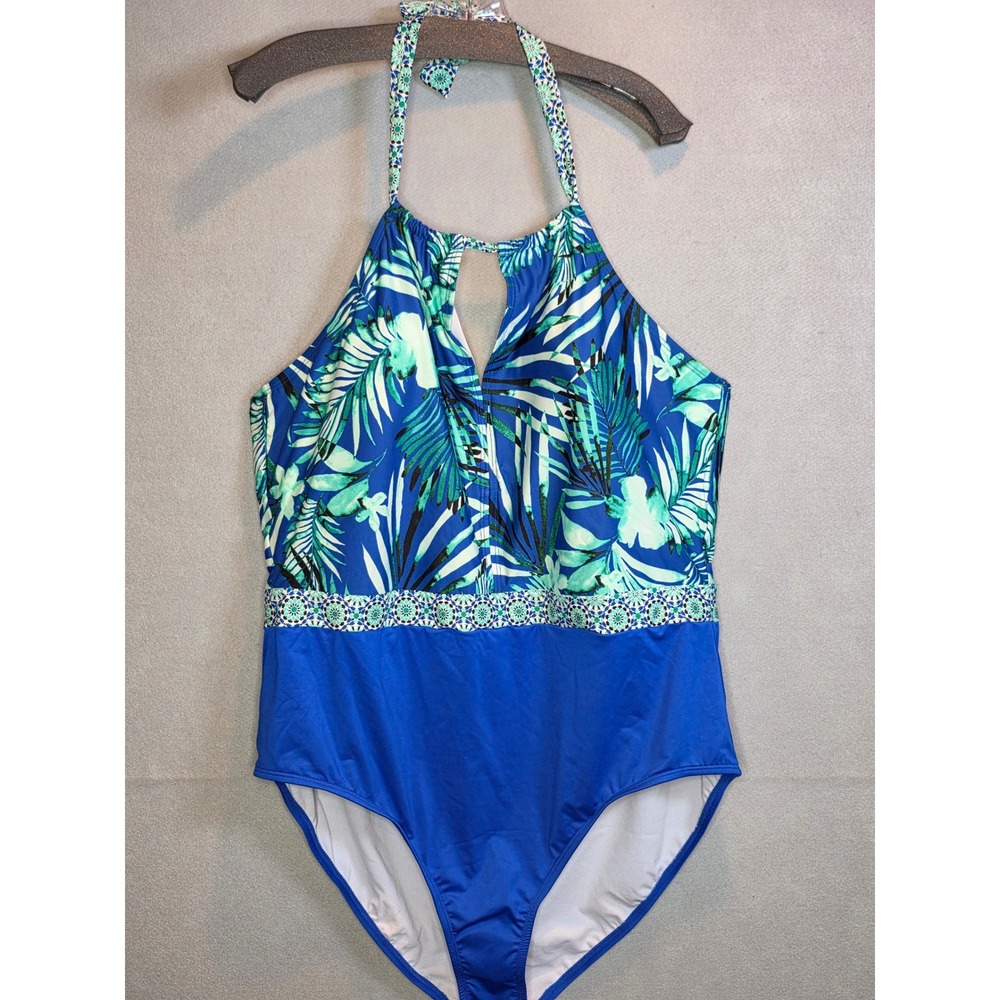 Clean Water Plus Size 24W Tropical Palm Halter One Piece Swimsuit Blue Green